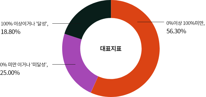 대표지표 그래프 - 0%이상 100%미만:56.30%, 0%미만이거나 '미달성':25.00%, 100% 이상이거나 '달성':18.80%
